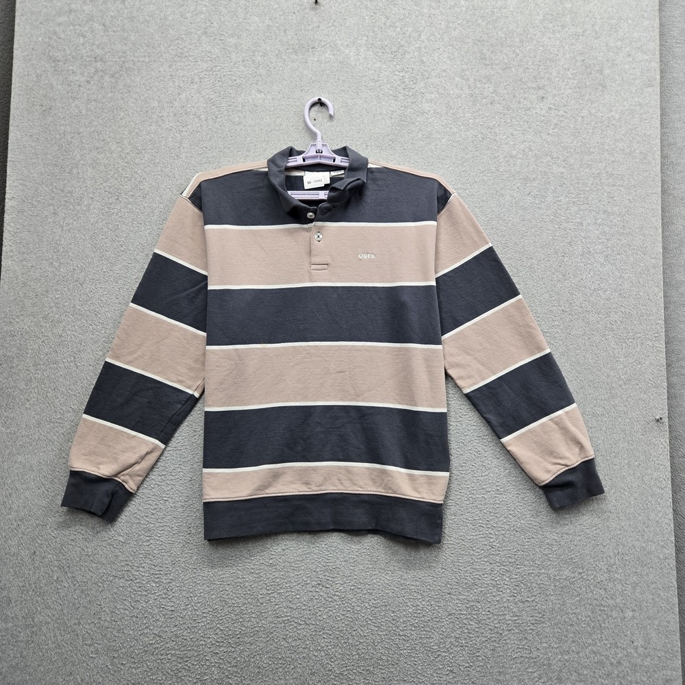 Obey Men Polo M Blue Embroidered Striped Logo Spellout Rugby Shirt Long Sleeve